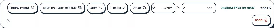תמונת מסך: סרגל הפעולות לאחר בחירת לידים