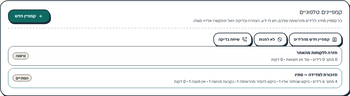 תמונת מסך: רשימת הקמפיינים הטלפוניים