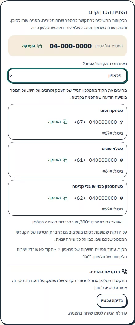 תמונת מסך: כרטיס הפניית הקו הקיים ובדיקת ההפניה
