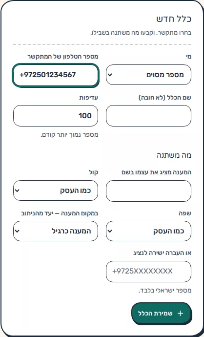 תמונת מסך: טופס כלל חדש