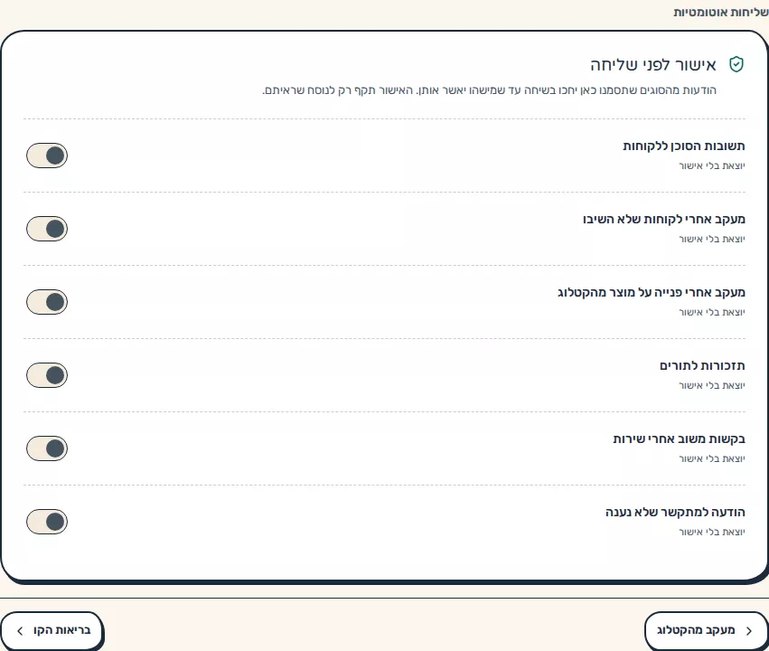 תמונת מסך: הגדרות אישור לפני שליחה