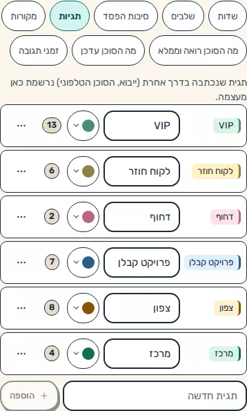 תמונת מסך: לשונית תגיות בנייד
